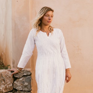 Ibiza boho white long cotton dress with  full hand embroidery, beach wedding dress