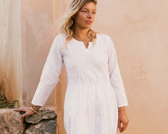 Ibiza boho white long cotton dress with  full hand embroidery, beach wedding dress