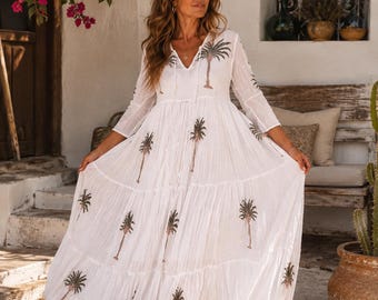 White boho muslin cotton feminine dream dress with hand embroidery, bohemian white summer beach dress , resortwear , plus-size boho dress