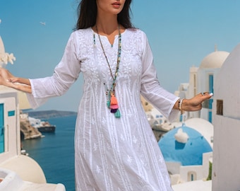 Ibiza boho white long cotton dress with  full hand embroidery, beach wedding dress