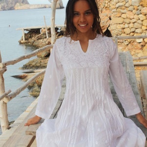 White Ibiza dress   with hand embroidery.mid lenght white cotton boho tunica, xxl white bohemian dress, beach wedding , kundalini yoga