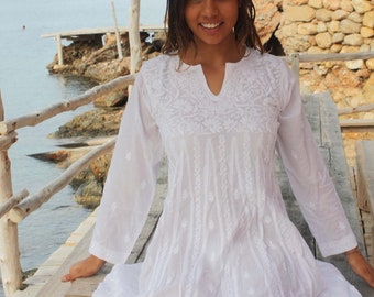 Ibiza kaftan with hand embroidery.mid lenght white cotton boho tunica, xxl white bohemian dress, beach wedding , kundalini yoga woman dress