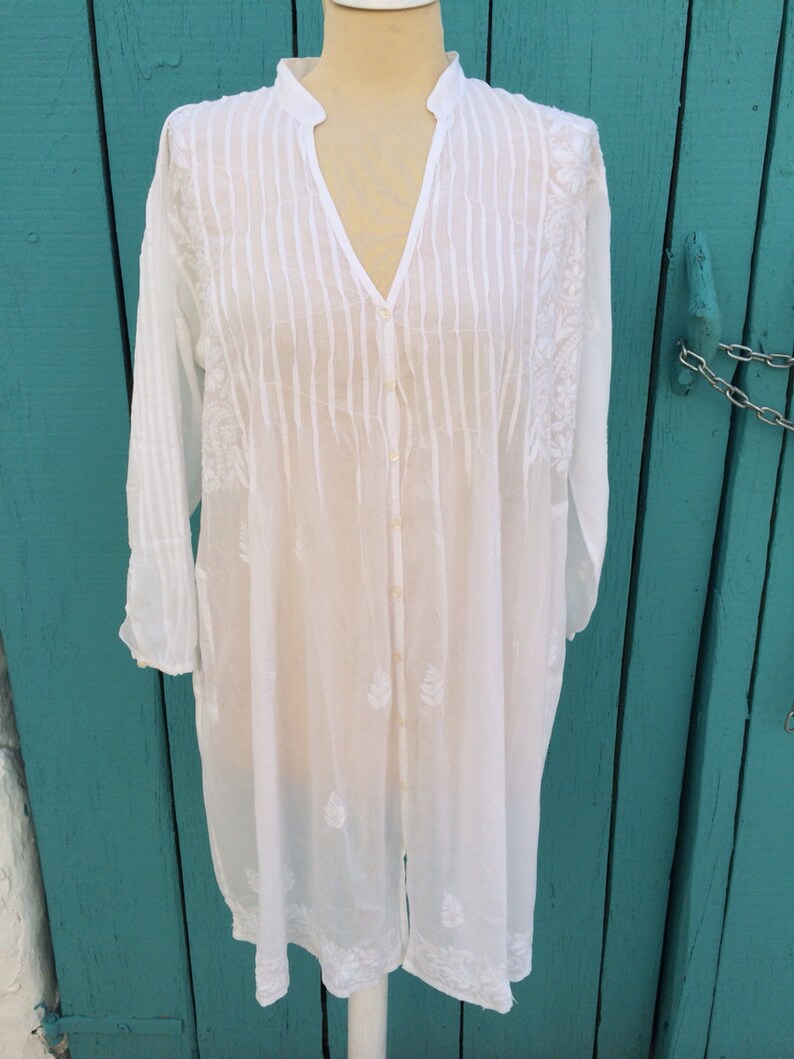 White cotton tunic with stunning hand embroidery from Ibiza, pleadet boho blouse, white yoga clothing, plussize top, organic cotton white image 2