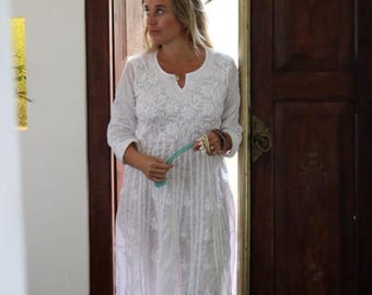 White bohemian ethnic blouse, ibiza cotton  dress with full hand embroidery, resort wear , loung wear, yoga clothing, white boho wedding