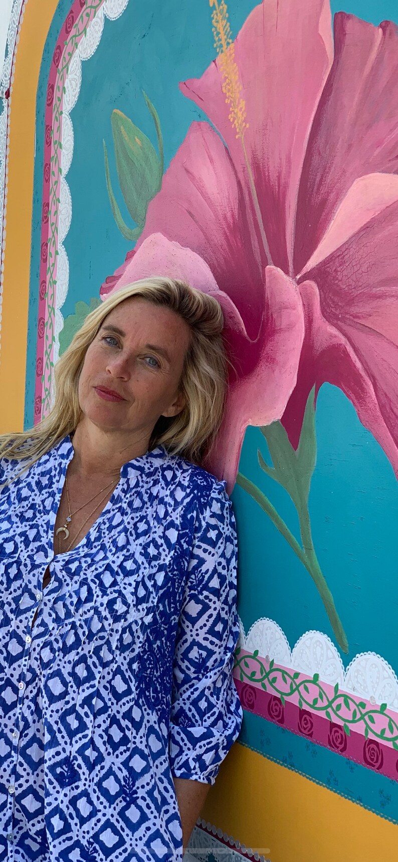 Blue ocean Ibiza Bohemian hand block printed and embroidered blouse or tunica