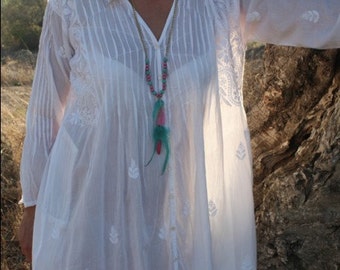 White cotton tunic with stunning hand embroidery from Ibiza, pleadet boho blouse, white yoga clothing, plussize  top, organic cotton white