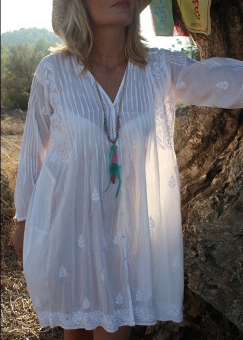 White cotton tunic with stunning hand embroidery from Ibiza, pleadet boho blouse, white yoga clothing, plussize top, organic cotton white image 1