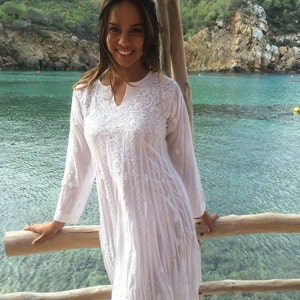 Ibiza boho yoga white long cotton dress with  hand embroidery