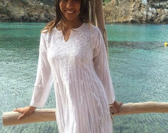 Ibiza boho yoga white long cotton dress with  hand embroidery