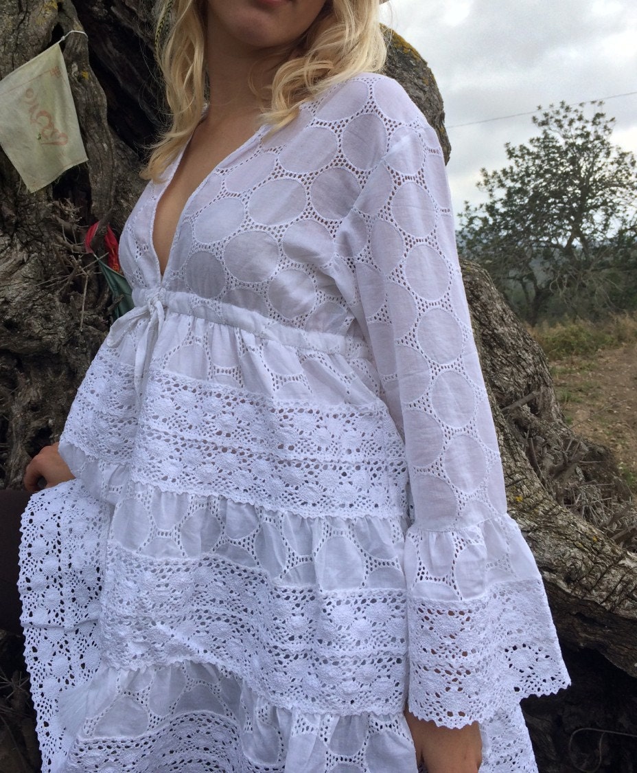 Ibiza style short white boho cotton lace summer dress | Etsy