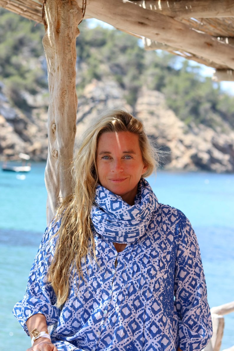 Blue ocean Ibiza Bohemian hand block printed and embroidered blouse or tunica