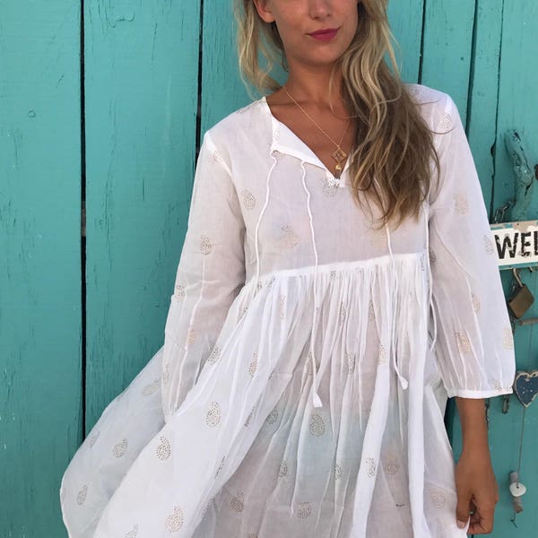 Ibiza style short white boho cotton summer dress