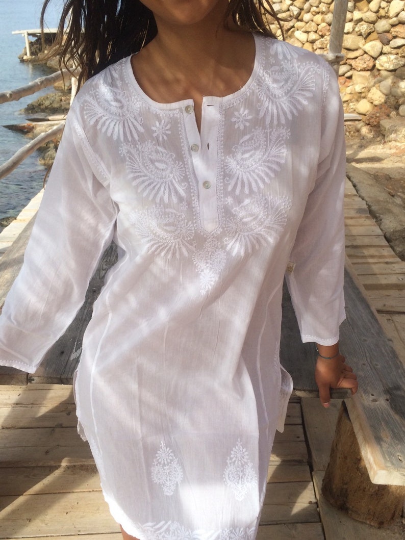 White tunica / blouse / kaftan / shirt / kundalini yoga dress bio cotton with hand embroidery image 2