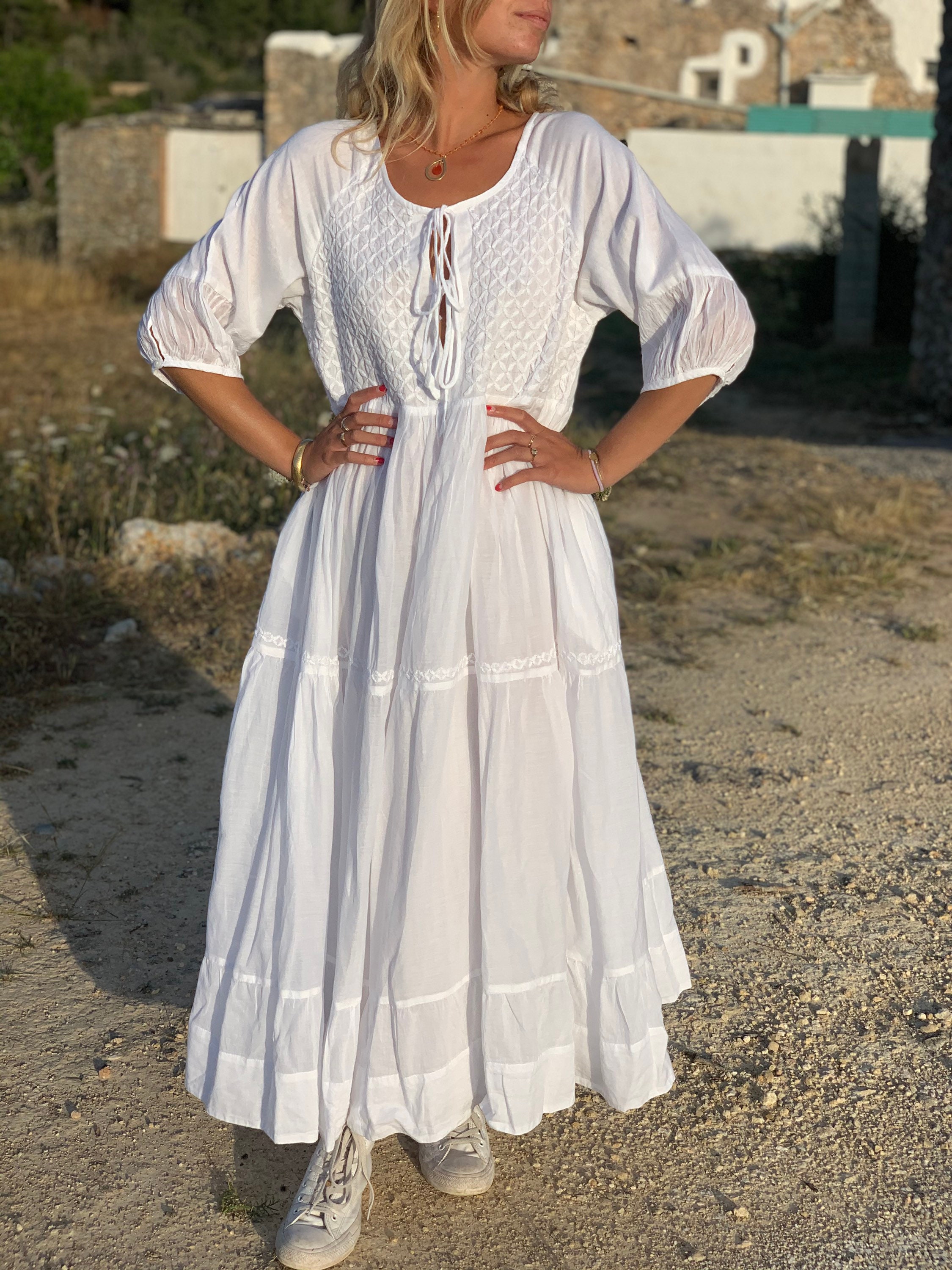 Hand Embroidered Cotton Muslin Dress Natural Ivory