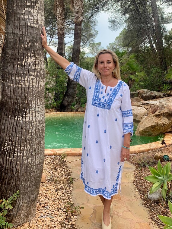 white cotton dress with blue embroidery White Embroidered Scallop Hem Dress - Maxi Dresses