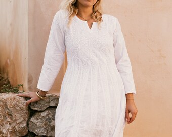 Ibiza boho white long cotton dress with  full hand embroidery, beach wedding dress