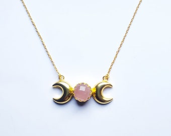 Collana con 2 lune placcate in oro con pietre preziose curative al quarzo rosa, gioielli curativi