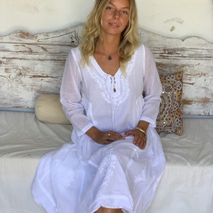 White boho muslin cotton feminine dream dress with hand embroidery, bohemian white summer beach dress , resortwear , plus-size boho dress
