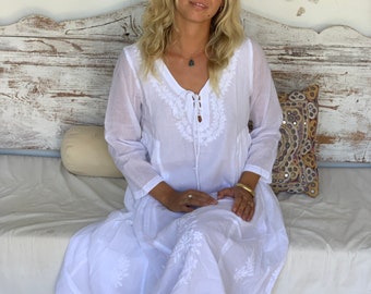 White boho muslin cotton feminine dream dress with hand embroidery, bohemian white summer beach dress , resortwear , plus-size boho dress