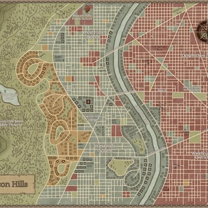 May include: A detailed map of Beacon Hills, a fictional town, with a river winding through the center. The map shows various neighborhoods, including West Hills North, West Hills South, Downtown, and the Beacon Hills Wildlife Preserve. The map also includes landmarks such as Beacon Hills Public School, Beacon Hayes College, and the Beacon Hills Library.