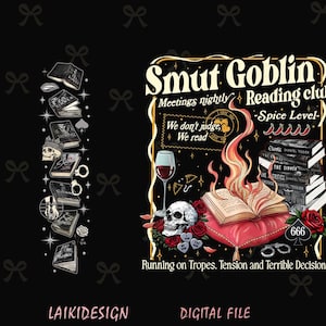 K&ouml;nnte beinhalten: Digitales Design mit dem Thema "Smut Goblin Reading Club". Das Bild zeigt B&uuml;cher, einen Totenkopf, Wein, Rosen und den Text "Running on Tropes. Tension and Terrible Decisions."