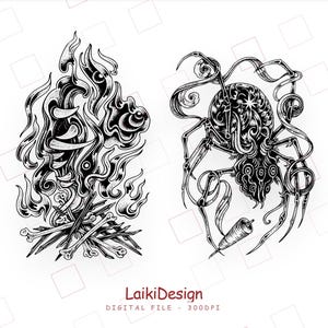 May include: A black and white digital illustration featuring a bonfire made of bones and flames on the left, and a stylized spider with swirling legs and a spindle on the right. The text LaikiDesign DIGITAL FILE - 300DPI appears at the bottom.