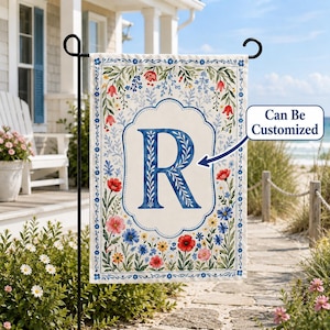 Personalized Family Name PNG| Patriotic Monogram Flag |  Watercolor Flower Yard Decor| , 4th of July American Flag Decor, Floral Garden Flag