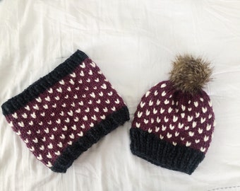 The Kimberly Hat and Cowl // Matching Set// Handmade Called by Name Knit  // Custom Made, Hearts, Cozy, Fair Isle, Beanie and Neckwarmer