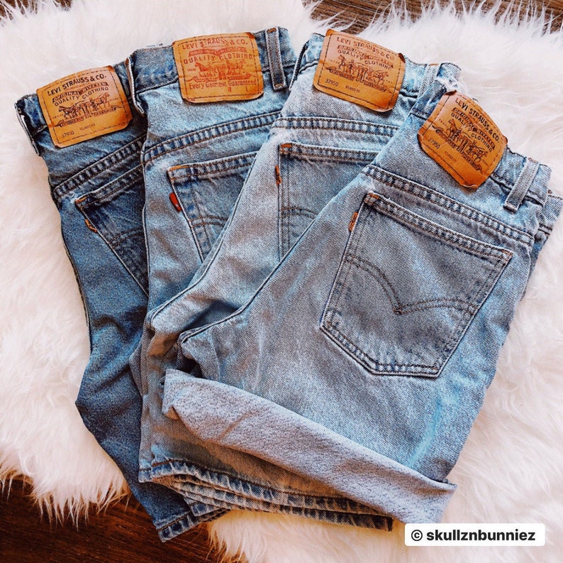 Levi Vintage Highwaisted Shorts, blue denim, all sizes, all washes (light\/medium\/dark), custom distressed or plain, customized to order