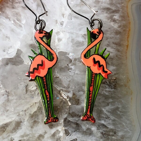 Flamingo Tropical Earrings- Dangles 2 Inch Long w/ Pierced Latch Closures Lightweight Bright Color Paper Laminate Earrings Includes Shipping