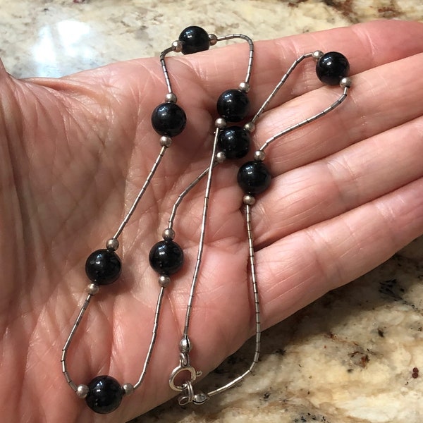 Onyx Beaded Necklace & Sterling Silver Tiny Beads @ Each End of the 9 Spheres on Liquid Silver Chain with Spring Clasp Closure 18 Inch Long