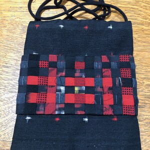 Japanese Cloth Purse Hand Made Crossbody by Alex of Santa Barbara 9.5 Inch Long by 7.75 Inch Wide 52 Inch Long Strap Red Black White Colors