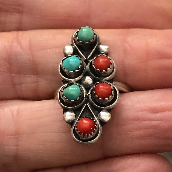 Vtg Zuni Coral & Blue  Green Turquoise 6 Cabochon Sterling Silver Saw Tooth Bezel Set Ring SZ 6.5 One n 8th Inch Long No Hallmarks Like New