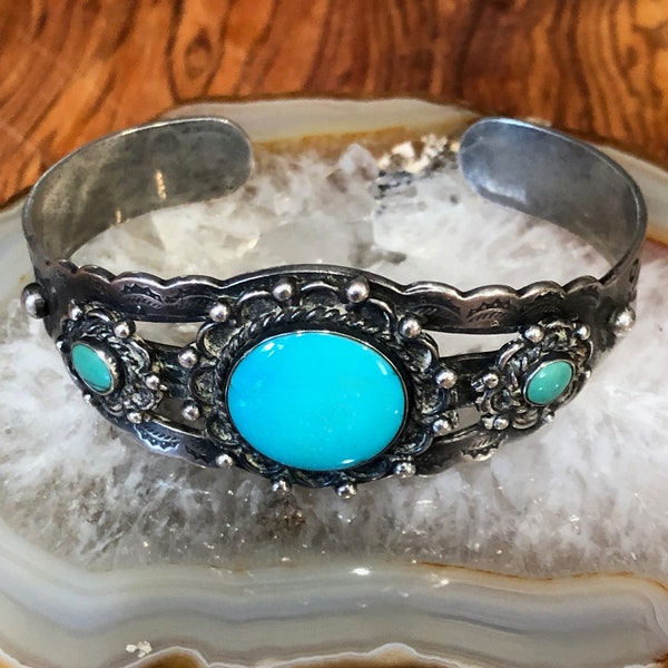 Fred Harvey Cuff Native American Turquoise and Sterling Silver Stamped Cuff Bracelet Center Smooth Round Cabochon w/ Small Cabs on Each Side