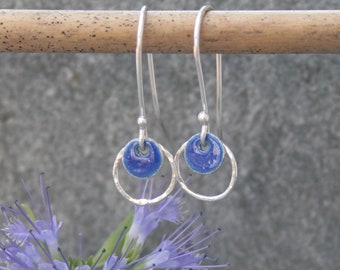 Enamel and hoop earrings, silver and blue earrings, silver hoop earrings with blue enamel, silver and enamel dangle earrings