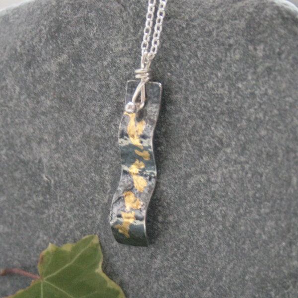 Black and gold keum boo necklace, blackened silver and gold necklace, reticulated silver necklace, unique jewellery gift for her