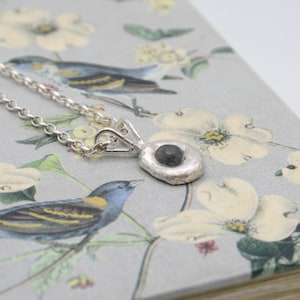 May include: A silver pendant necklace with a small, dark stone set in a textured, oval silver setting. The pendant hangs from a delicate silver chain. The background features a patterned surface with floral and bird motifs.
