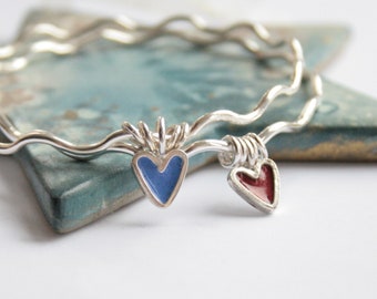 Sterling silver charm bangle, enamel heart jewellery, wavy solid silver bangle, hallmarked sterling silver jewellery