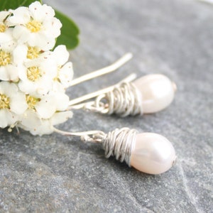 Silver wire wrapped pearl earrings, handmade pearl wedding earrings, pearl drop earrings, wedding jewellery for bride