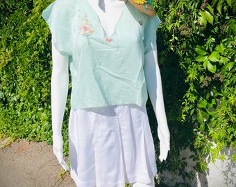 1930s/1940s Sage Green Silk Embroidered Top