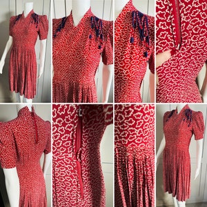 1940s red white blue novelty print dress with tassel shoulder detail size s/m