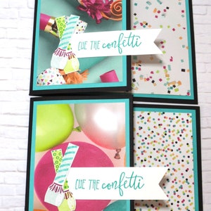 May include: A set of four greeting cards with a party theme. Each card has a black border, a teal inner border, and a white banner with the text "CUE THE confetti". The cards feature images of party horns, balloons, and confetti.