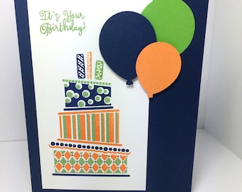 Stampin Up Masculine Birthday Card: Handmade Birthday Cake and Balloons