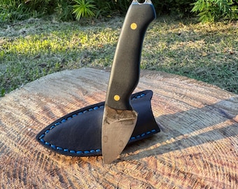 Fixed blade pocket knife with Richlite handle and leather sheath - Blue Liners