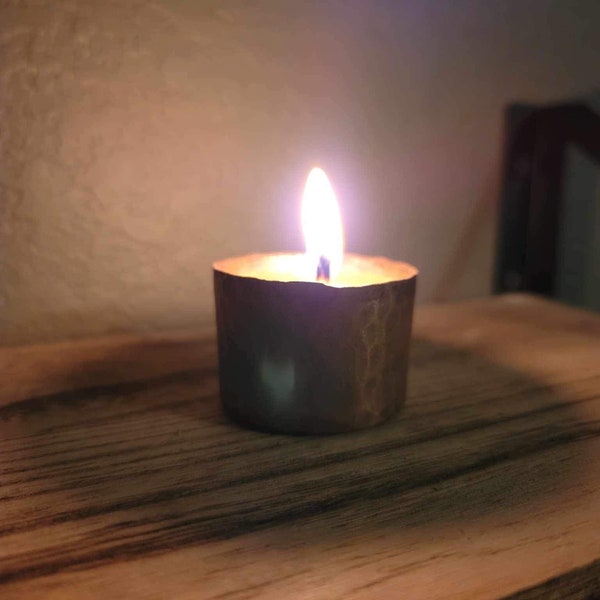 Hammered copper candle with beeswax