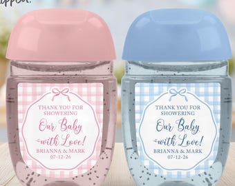 Blue Bow Baby Shower Hand Sanitizer Labels Printed, Pink Gingham Baby Sanitizer Favor Label, Gender Neutral Green Plaid Baby Decor Boy Girl