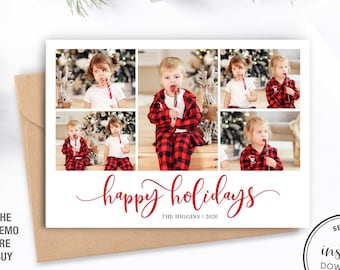 Puede incluir: Una tarjeta de felicitación navideña blanca con un collage de fotos de un niño con un bastón de caramelo. Las palabras "happy holidays" están en escritura roja. La tarjeta está en un sobre marrón. El texto en la tarjeta incluye "The Higgins | 2020".