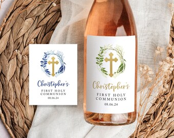 Greenery Baptism Wine Bottle Label Printed, Christening Wine Label, First Holy Communion Wine Label, 4A