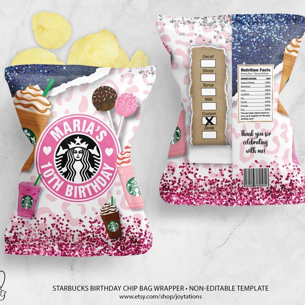 Starbucks Birthday Chip Bag Wraps Printed, Coffee Birthday chip Bag Wraps, Latte Birthday Favor Chip Bags For Girls, 2C