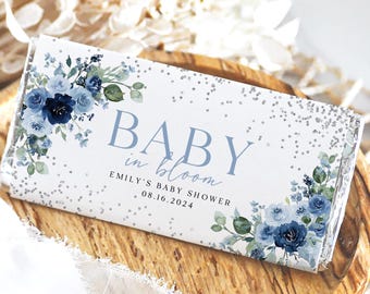 Blue Floral Baby Shower Hershey's Chocolate Bar Wrappers Printed, Baby Shower Favor Stickers For Boy, Blue Baby Shower Thank You Labels, 4F